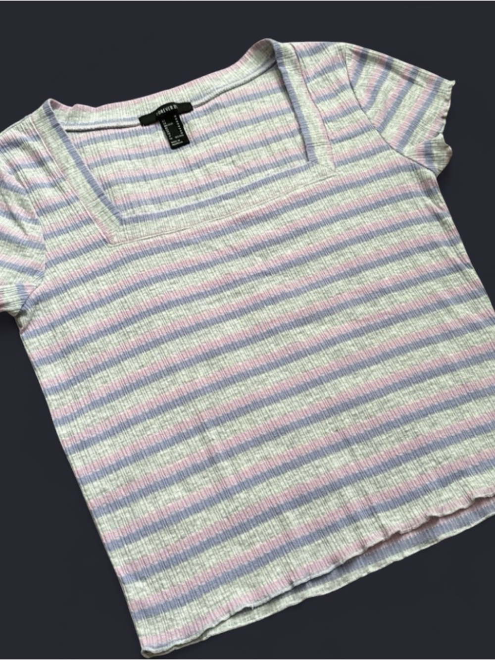 Heather Grey Pastel Striped Square Neck Tee